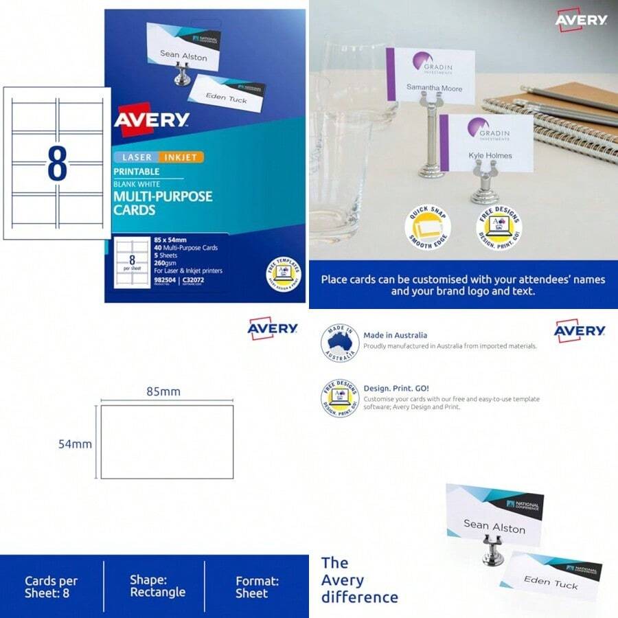New Avery Australia Printable Personalised Name And Business Cards - 40 Cards For Laser And Inkjet Printers - White 260 GSM - 85 X 50 Mm 5 X A4 Sheets - 982504/ C322072 - White - View 1
