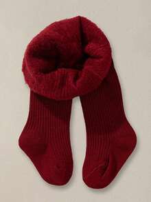 1件装女童保暖连裤袜，酒红色条纹，柔软舒适，带保暖内衬，适合秋冬季日常穿着、返校、旅行、节日礼物等场合。 - 酒紅色 - 查看 4