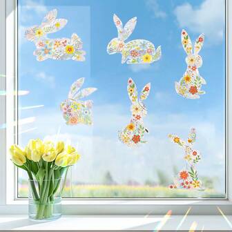 1 st färgglad kanin- och blomfångare fönsterdekal, statisk självhäftande glasdekal, lämplig för påsk sovrum vardagsrum hem skåp fönsterdekoration