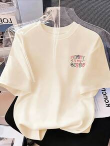 少女标语印花短袖休闲圆领T恤 - 杏色 - 查看 3