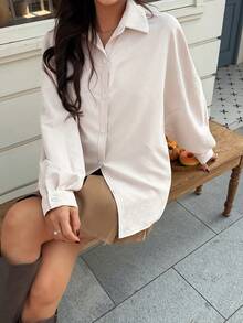 EARO 女士米色缎面宽松衬衫，春夏款，长袖，翻领，纽扣，灯笼袖，休闲通勤日常穿搭 - 杏色 - 查看 3