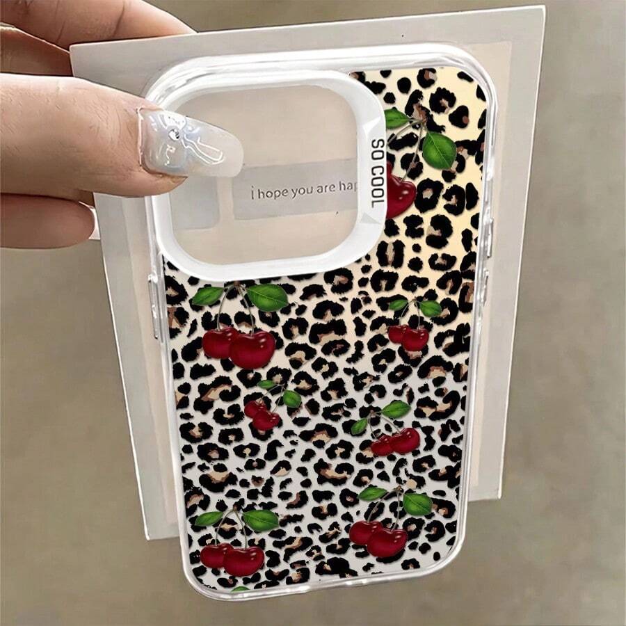 1pcs Cherry Leopard Print Phone Case Compatible with Apple Phone 11 12 13 14 15 16 17ProMax X 7plus 8plus Xs Max XS Silicone Shock Proof Vintage Funky Personality Cute Fashion Can Be Given To A Lover Can Be Given To Friends - Plateado - Ver 1