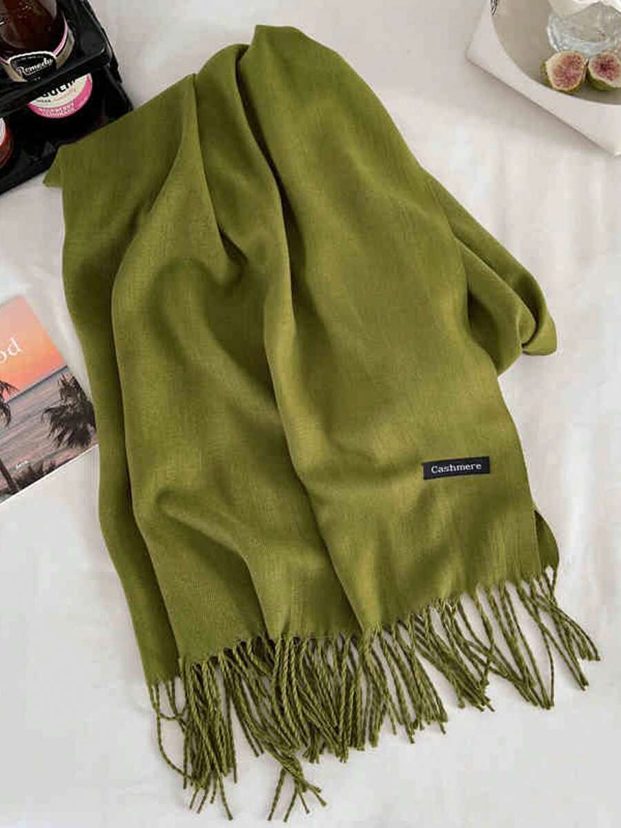 1条女士橄榄绿超薄柔软透气仿羊绒流苏长围巾，休闲优雅空调披肩两用沙滩防晒保暖围巾，适合日常外出，礼品 - 軍綠色 - 查看 1