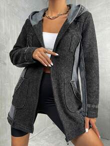 Women's Casual Wool-Like Fuzzy Midi Parka With Hooded Neck And Long Sleeves Perfect For Winter - Dark Grey - View 3