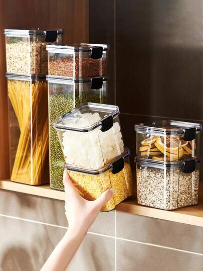 1 pieza Envase de almacenamiento de alimentos con tapa, Recipiente de almacenamiento de alimentos transparente, a prueba de polvo y humedad con tapa sellada, Material, Recipiente de almacenamiento de alimentos apilable, Usado para caramelos, aperitivos, galletas, nueces, avena, harina, pasta, etc., 5 tamaños, Adecuado para cocina del hogar, tienda de repostería, almacenamiento del hogar, utensilios de cocina, suministros de almacenamiento de cocina, latas de regalo, latas de envasado de alimentos, etc.