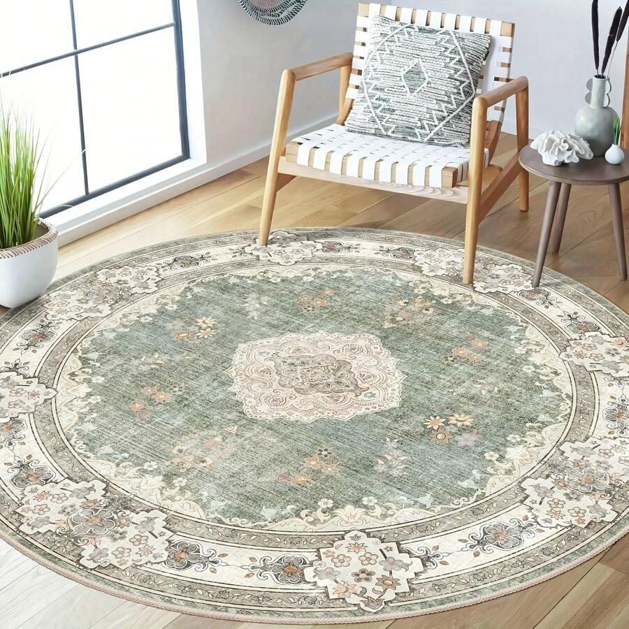Moroccan Style Lightweight Round Rug - Machine Washable Polyester Knitted Low Pile Rug, Round Bohemian Style, Suitable For Entryway, Kitchen, Bedroom, Bathroom, Outdoor - Paisley Pattern Design, Machine Woven, Luxurious Velvet Rug