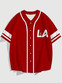 Men's Casual Letter Print Short Sleeve Baseball Shirt, Summer - Multicolor - View 1