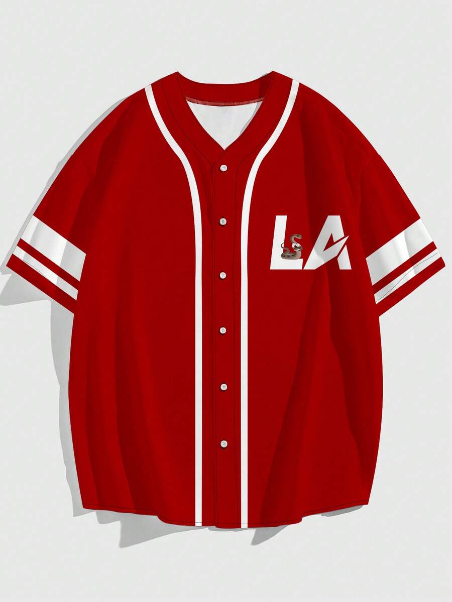 Men's Casual Letter Print Short Sleeve Baseball Shirt, Summer - Multicolor - View 1