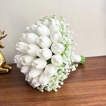 白色马蹄莲郁金香花束，触感逼真，适合新娘/伴娘婚礼，手工仿真新娘结婚花束，婚礼配饰，情人节家居婚礼派对装饰 - 白色 - 查看 5