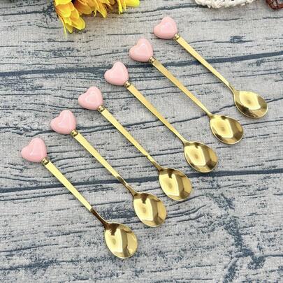 1/6pcs Heart-Shaped Stainless Steel Flatware Set, Includes Dessert Spoon, Coffee Spoon And Fruit Fork, Suitable For Stirring Coffee, Eating Fruit And Desserts