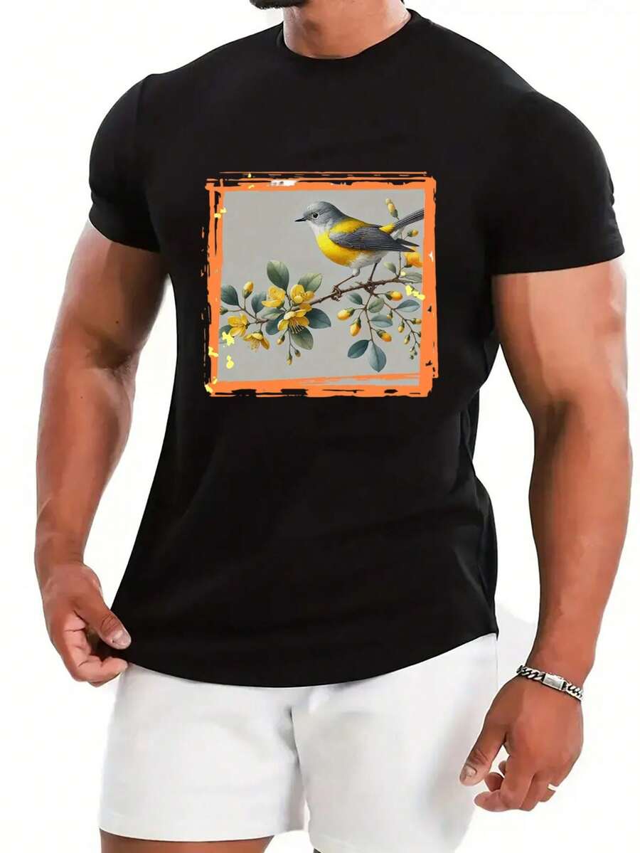 Camiseta Casual Negra de Manga Corta para Hombre con Vibrante Pájaro Amarillo Canario; Estampado Floral - Camiseta Ligera de Verano Cuello redondo. Ajuste Regular. Lavable a máquina. Camiseta de uso diario, camiseta de cuello redondo, tela brillante. Camiseta de pájaro - Negro - Ver 1