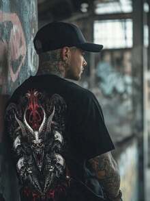 Men's Gothic Punk Style Graphic T-Shirt, Avant-Garde Urban Streetwear Short Sleeve Top - Black - View 4