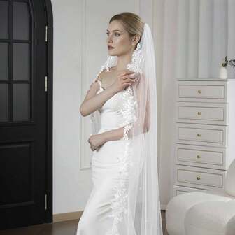 1 st. spetskant brudslöja med konstpärldekor, håraccessoar för bröllop, lämplig för förlovning, bröllop