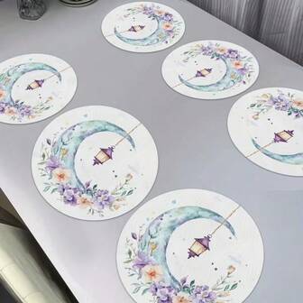 2/4/6 Pcs Elegant Ramadan Crescent Moon Lantern Pattern Placemats - 15 Inch Round Floral Printed Placemats, Suitable For Party Dining And Holiday Decor. Also Applicable For Home Decor, Holiday Table Decor, Farmhouse Holiday Decor, Farmhouse Style Decor, Washable Mats, Durable Material, Holiday Table Decor And Home Entertainment.