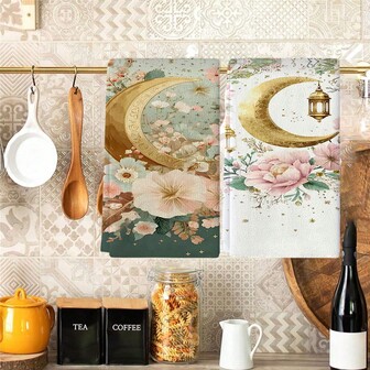 1/1/2 Sets Of Ramadan Kitchen Towels - High Absorbency, Soft Polyester Fiber Dishwashing Towels, Designed With Holiday Lanterns And Crescent Patterns, Simple And Elegant Style, Decorated With Flowers. The Size Is 40 * 60cm - Suitable For Cooking And Baking, Suitable For Decorating Living Rooms, Kitchens, Dining Rooms, And Holiday Parties, And Can Be Used As A Housewarming Gift.