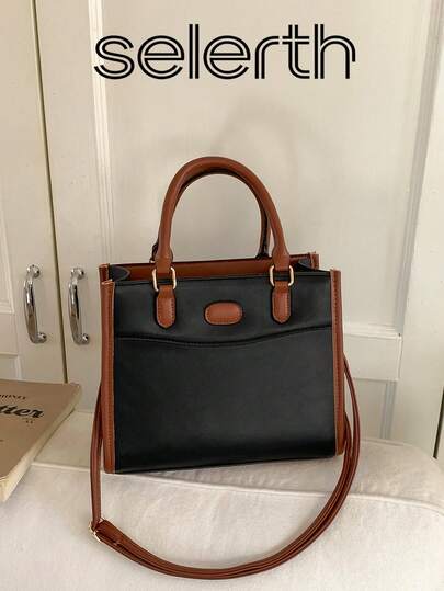 1pc Black PU Leather Elegant Minimalist Vintage Quilted Contrast Trim Comfortable Handle Smooth Zipper Lightweight Diagonal Shoulder Handbag, Suitable For Women's Work, Daily Life, Commuting, Social Gatherings, Business Occasions, Outdoor Shopping, Fits Phone, Wallet, Lipstick, Keys, Tissue, Storage Bag, Fashionable