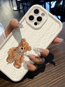 1pc Warm Knitted Texture Bear Pattern Transparent Anti-Slip Soft Phone Case Compatible With IPhone 11/12/13/14/15/16/17 Pro Max - Multicolor - View 2