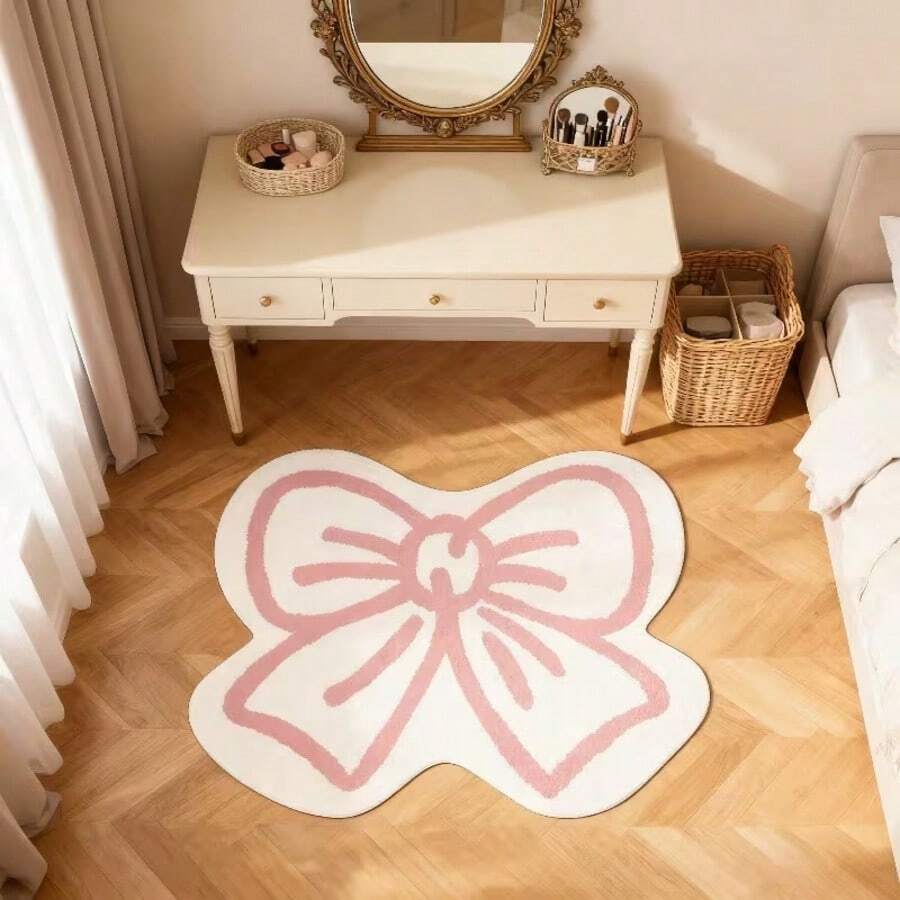 1 pieza Alfombra decorativa suave y esponjosa para el dormitorio, cojín de ventana con patrón de lazo lindo de color rojo para la sala de estar, estilo Ins, alfombra de felpa para tocador, felpudo con forma asimétrica para espejo, adecuado para alfombra decorativa, decoración de dormitorio, alfombra pequeña, alfombra, decoración del hogar, alfombra de sala de estar, alfombra pequeña de sala de estar, alfombra de dormitorio, decoración del hogar de sala de estar, alfombra de exterior