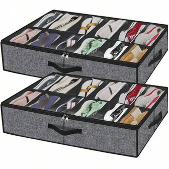 OBOVAY 12-Grid Transparent Cover Nylon Shoe Storage Box, Waterproof Under Bed Shoe Organizer With Zipper And Handle, Multi-Function Wardrobe Shoe Organizer