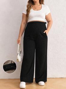 Autumn/Winter New Plus Size Maternity Pants, Super High Waist Elastic Casual Maternity Flare Pants, Adjustable Waistband, Comfortable Soft Yoga Leggings - Black - View 3