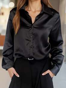 大码秋冬女装时尚、优雅、休闲、简约、通勤、日常纯色套头袖单排扣长袖翻领开襟衬衫，冬季服装，女士秋季服装，女士纽扣衬衫，婚礼宾客衬衫，商务休闲女装，职业女士正装，女士工作上衣，女士正式上衣，秋冬上衣，秋冬衬衫 - 黑色 - 查看 3