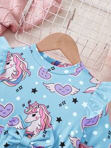 Young Girls' Cartoon Print Contrast Mesh Long Sleeve Dress, Spring/Autumn - Blue - View 3