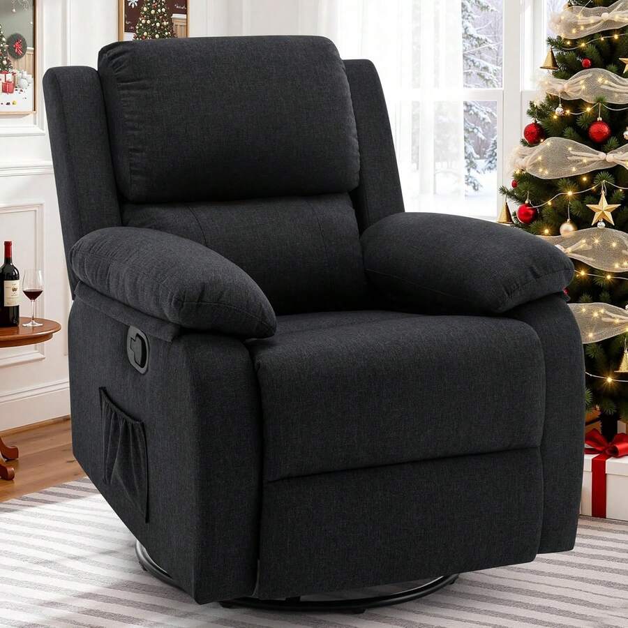 Recliner Chair, 360 Swivel Rocker Chair For Adults, Small Rocking Recliner Chair For Small Spaces, Upholstered Fabric Glider Recliner Nursery Chair With Side Pockets For Living Room, Nursery - màu đen - Xem 1