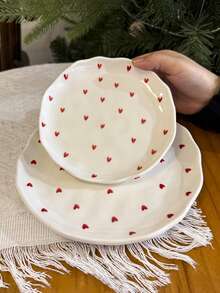 1pc/2pcs/4pcs Heart-Shaped Ceramic Dinner Plates, Round Plates For Home Breakfast, Bread, Steak, Pasta, Salad, Party Supplies, Valentine's Day Gift