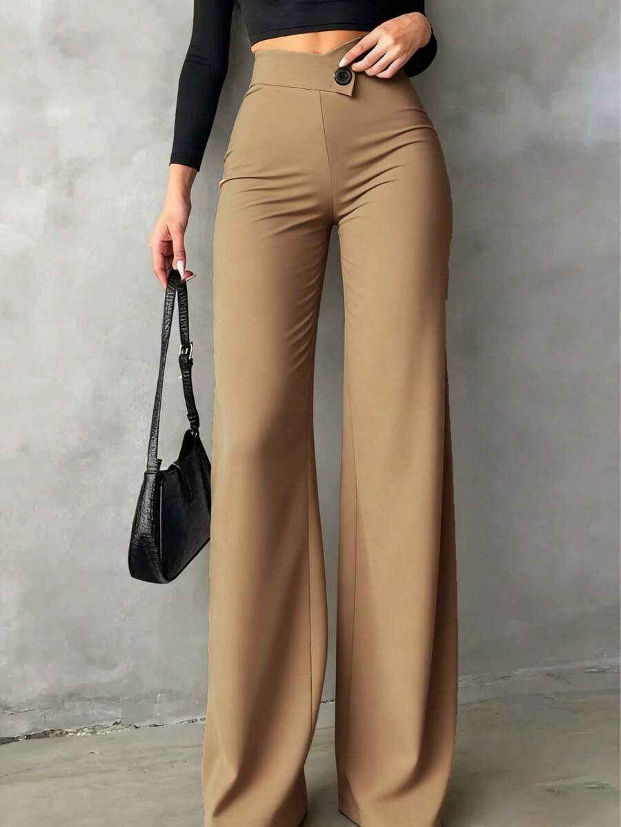 女士休闲优雅直筒裤，返校必备单品，不对称V腰设计凸显曲线，适合日常穿着、办公、约会、度假等各种场合，春季必备。 - 卡其色 - 查看 1