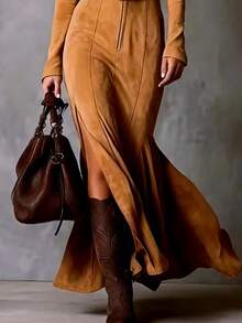 Women'S Elegant Full-Zip Collared  Dress - European & American Style Fall Winter Warmth, Round Neck Long Sleeve Full-Length Zipper Front, Solid Brown/Navy, Tailored Fit For Casual To Formal Events, Office & Party Outfits - Versatile All-Season,Ideal Gifts For Halloween And Christmas - 卡其色 - 查看 2