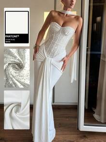 Women's Sweetheart Neck Sequin Corset Maxi Dress With Draped Knot Detail For Wedding Guest, Evening Party & Formal Events,Valentine Outfits For Women,Bridesmaid Dress - White - View 1