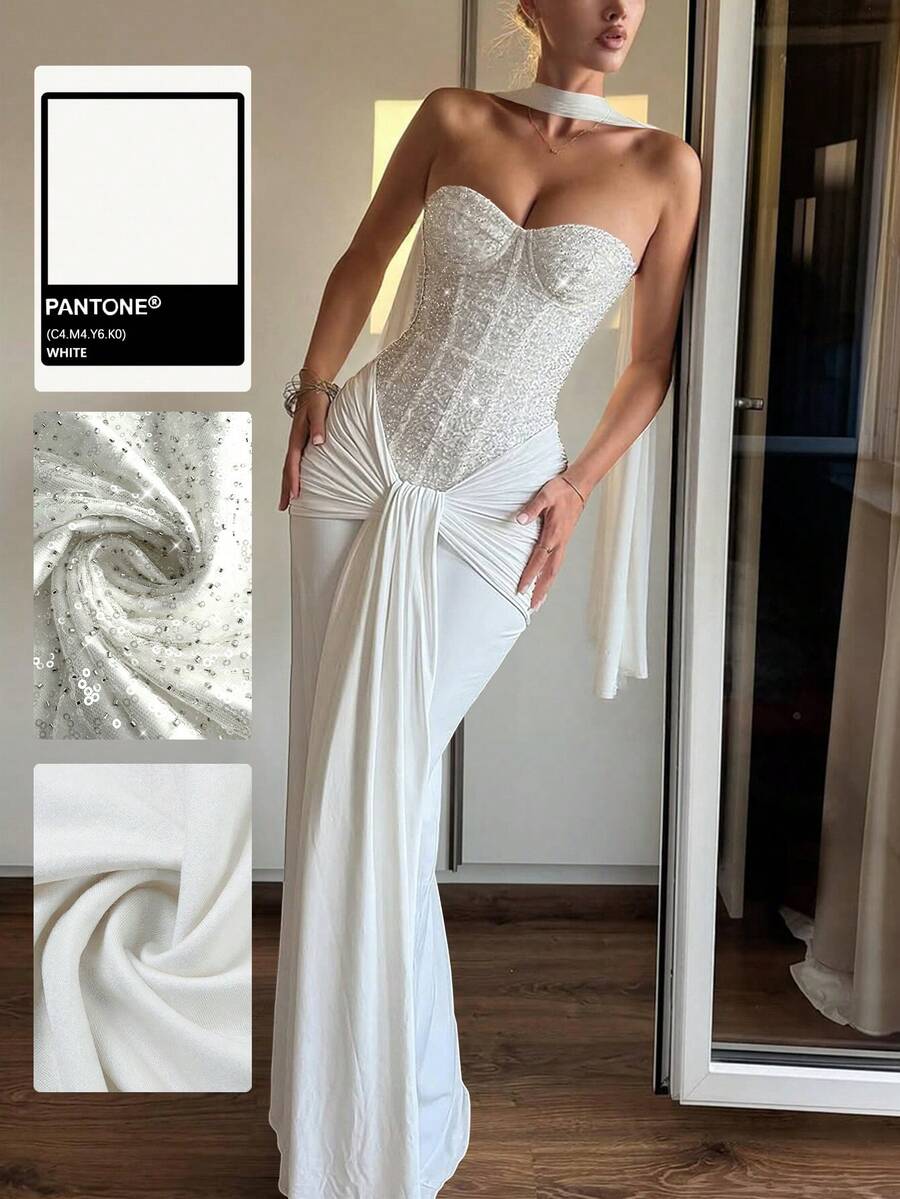 Women's Sweetheart Neck Sequin Corset Maxi Dress With Draped Knot Detail For Wedding Guest, Evening Party & Formal Events,Valentine Outfits For Women,Bridesmaid Dress - White - View 1