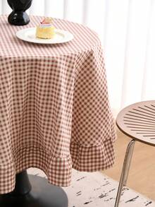 1件卡其色格子圆形桌布，复古美式风格，带荷叶边，厨房/客厅装饰，情人节桌布 - 卡其色 - 查看 3