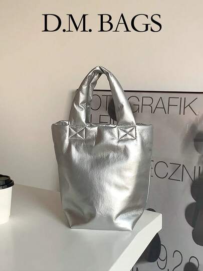 1 pieza Bolso de mano de cuero sintético plateado versátil de estilo coreano de moda para primavera/verano, bolso grande minimalista de unicolor de gran capacidad, bolso de cubo pequeño de verano para damas