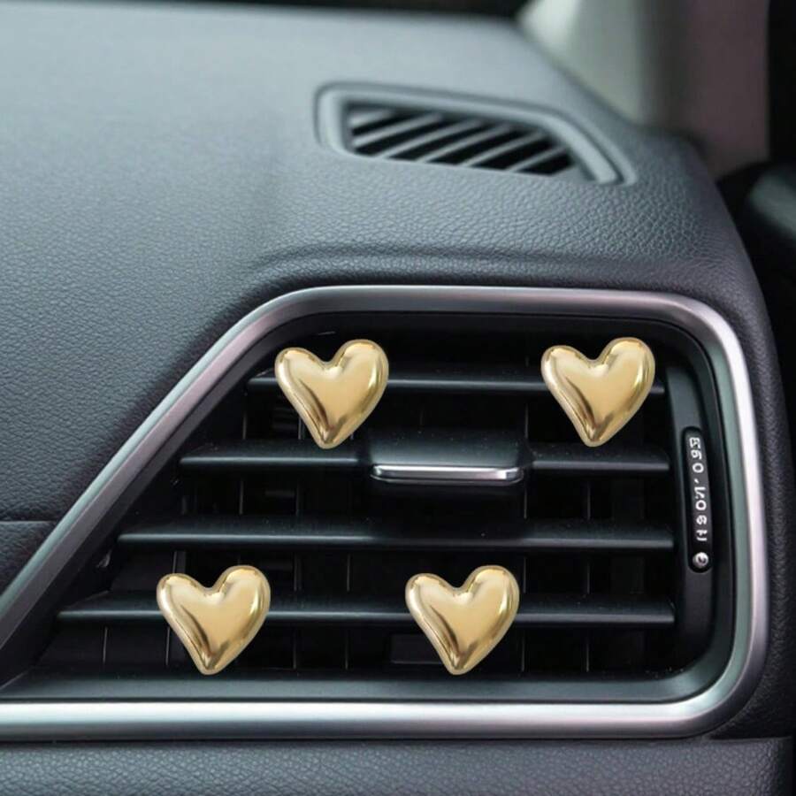 4pcs Gold & Silver Heart-Shaped Air Vent Clips, Cute Car Accessories, No Fragrance - For Decoration Only. Fashionable Design | Lightweight Metal Coated Heart Decor, Colorful Car Accessories, Punk Style Car Accessories