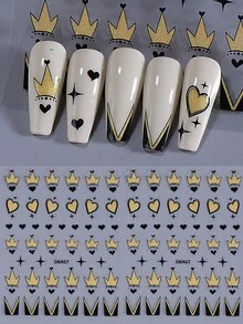 2 miếng dán móng tay 3D hình vương miện và trái tim vàng lấp lánh, kèm hình trái tim và ngôi sao vàng kim tuyến, trang trí móng tay kiểu Pháp tự dính, phù hợp cho phụ nữ, bé gái, ngày Valentine, đám cưới và nhiều dịp khác. - Nhiều màu - Xem 8