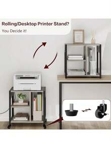 Soporte de impresora de escritorio con estación de carga, Mesa de impresora industrial con 3 estantes de almacenamiento, Carrito de impresora pesada móvil con ruedas bloqueables para almacenamiento de papel, Oficina en casa - Gris - Ver 8
