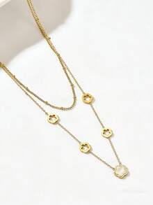 1pc Stainless Steel Clover Pendant Necklace, Double Layer Pearl Chain Necklace, Fashionable Stainless Steel Five-Leaf Flower Necklace, Suitable For Women's Daily Wear Or Gift, Fashionable Stainless Steel Sexy Collarbone Chain Accessory - Gold - View 5