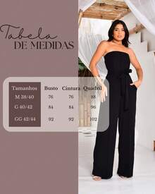 Macacão Pantalona Feminino Tomara Que Caia Cintura Marcada Com Faixa Botões Elegante Casual Versátil - Preto - Visão 4