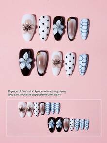 24片3D凝胶美甲贴纸套装 - 包含花朵、波点和法式美甲图案。采用亚克力材质，附赠1瓶果冻胶和1把指甲锉。适合女士和女孩日常工作、派对及其他场合。美甲用品 - 查看 3