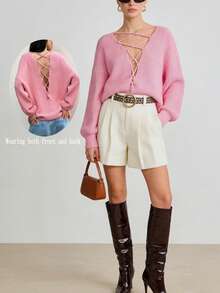 Women's New V-Neck Crossed Strap Long Sleeve Sweater, Fashion Casual Minimalist Sexy Versatile Knit Top For Parties, Autumn/Winter - Pink - View 3