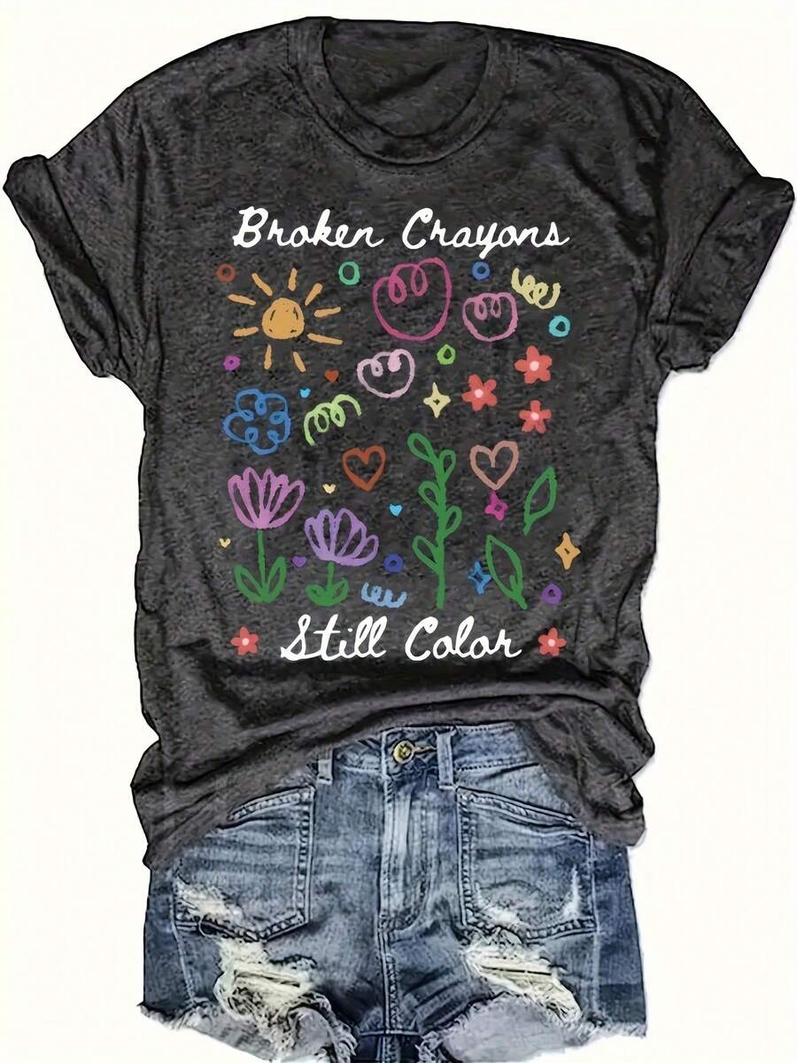 Polyester Crew Neck Casual Short Sleeve Women'S T-Shirt, Floral Pattern Print, Regular Length, All Season Fit, Knit Fabric 180g/M², With Vintage Broken Wax Calm Mental Health Consciousness Fashion For Spring & Summer - 深灰色 - 查看 1