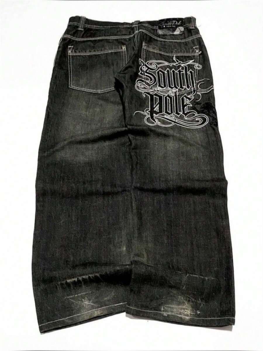 2026 Y2K Men's Wide Leg Jeans Dark Wash Letter Print Street  Trousers - BW1024印花 - 查看 1