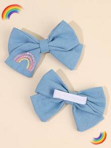 2 piezas Pasadores de pelo con lazo azul bordado arcoíris, pasadores de tela adecuados para otoño e invierno - Azul - Ver 7