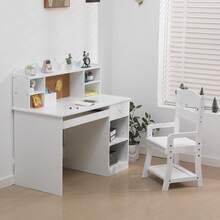 Escritorio y Silla de Estudio Infantil para Niños de 3 a 8 Años, con Tablero Anuncios, Cajón de Teclado y Estantes Abiertos, Mueble con Espacio de Almacenamiento para Hogar - Blanco - Ver 1