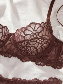 两件套女士性感内衣套装，棕色蕾丝花卉文胸套装，配有可调节肩带，浪漫情人节礼物