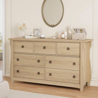 Dresser For Bedroom, Modern Wood 6 Drawer Dresser With Black Ring Pull Handles, 47 In Wide Chest Of Drawer, White Storage Organizer For Living Room, Entryway, Natural Oak  Natural Wood 6-Drawer Dresser - Tall Boho Dresser With Curved Legs, Rattan Accents, And Freestanding Storage For Living Room, Bedroom, Entryway, Or Balcony