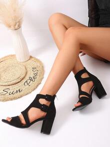 Women's Shoes, Women's Sandals, Women's High Heel Sandals, New European Style Thick High Heel Women's Sandals, Round Toe Criss-Cross Strap Open Toe Women's Sandals, Fashionable Hollow Out Buckle Women's Sandals, Sexy Versatile Women's Chic Black Sandals, Suitable For Daily Outings, Shopping, Parties, Dates, Commuting - Black - View 2