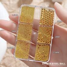 Una caja de 6 accesorios de arte de uñas de mini bolas de acero 3D, tamaños mixtos de 0.6/0.8/1mm mini cuentas de caviar de acero inoxidable pequeñas, bolas de metal en colores dorado, plateado y multicolor, piedras sintéticas y accesorios para uñas - Multicolor - Ver 10