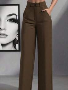 Women's Fashionable High-Waisted Straight Leg Wide-Leg Minimalist Casual Office Pants - Brown - View 1